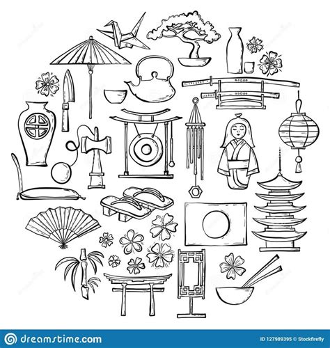 Doodle Japanese Icons Hand Drawn Country Symbols Vector Stock Vector