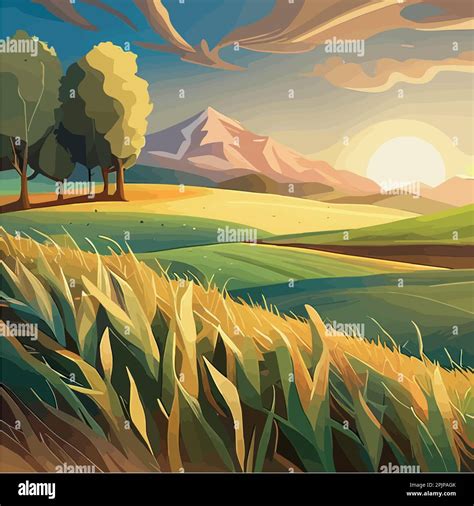 Cornfield Landscape Vector Illustration Cartoon Landscape With Tall