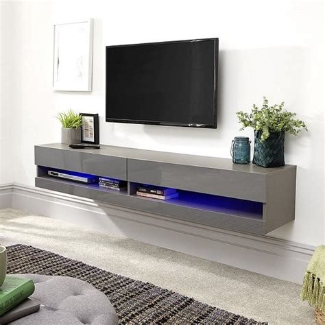 Goole Wall Mounted Medium TV Wall Unit In Grey Gloss With LED ...