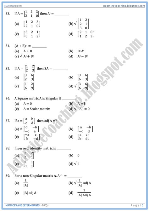 Adamjee Coaching Matrices And Determinants Mcqs Mathematics Th