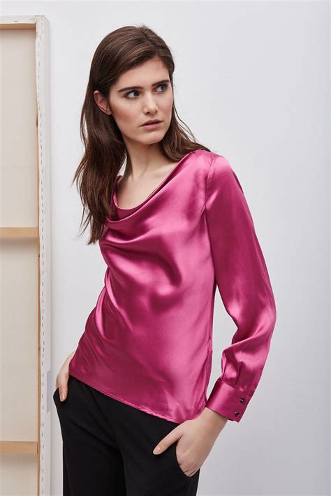 Pink Satin Cowl Neck Long Sleeved Blouse Satin Blouses Fashion Tops