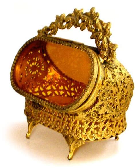 Antique Rare Ormolu And Beveled Amber Glass Jewelry Casket Filigree Jewelry Casket Casket