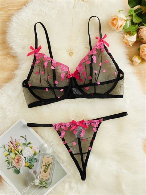 Plus Heart Embroidery Mesh Underwire Lingerie Set Shein Usa