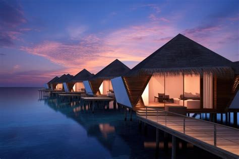 Premium AI Image | maldives sea view bungalows in sunset at beach