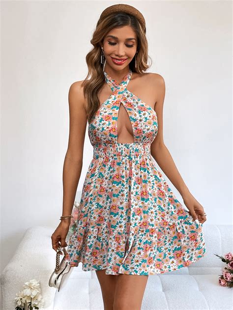 SHEIN WYWH Vestido Halter Con Estampado Floral Con Tira Cruzada De