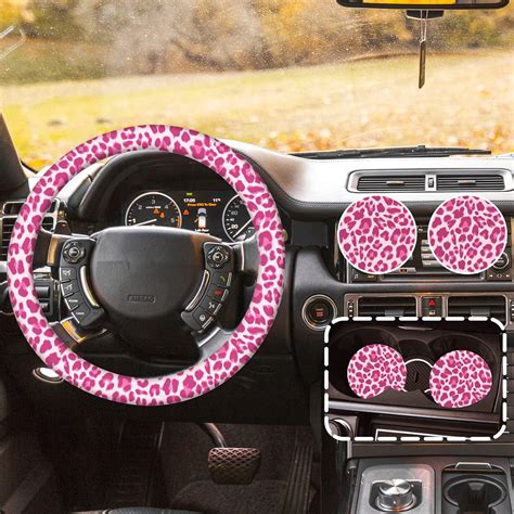 Amazon Pink Leopard Print Steering Wheel Cover With 2Pcs Car