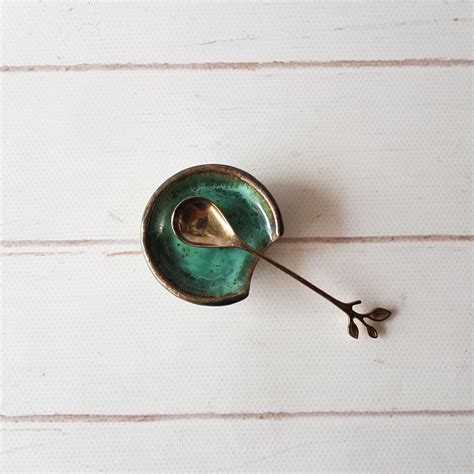 Ceramic Tea Bag And Spoon Rest Clay Mini Emerald Green Spoon Etsy