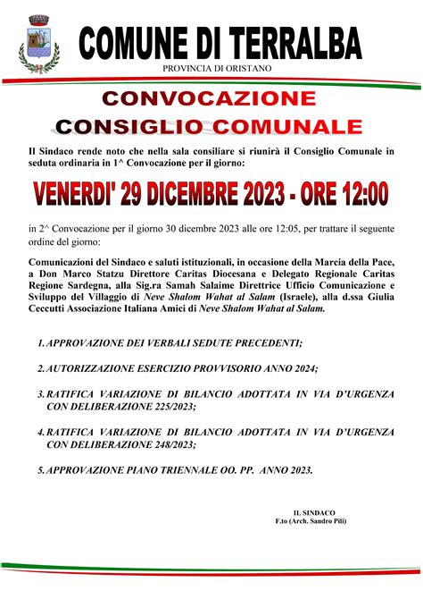 CONVOCAZIONE DEL CONSIGLIO COMUNALE PER IL 29 DICEMBRE 2023 ORE 12 00