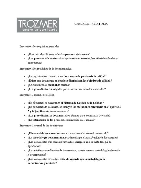 Checklist Auditoria Pdf Calidad Comercial Sistema De Manejo De