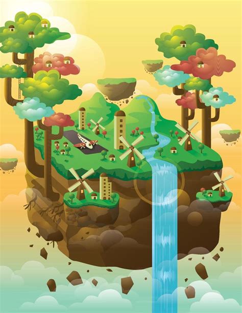 Floating island illustration with trees, windmill, houses, and waterfall 4680621 Vector Art at ...