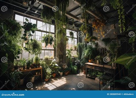 Indoor Jungle With Plants And Vines Crawling Up Walls And Hanging From