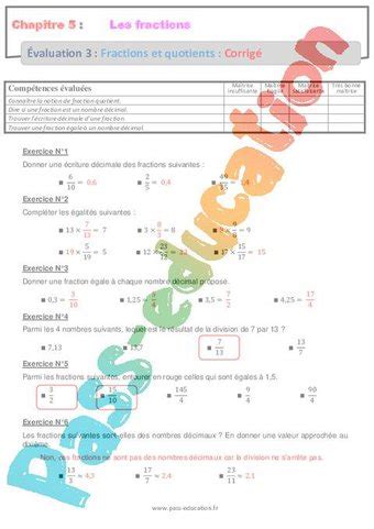 Fractions Et Quotients Me Evaluation Bilan Contr Le Avec La