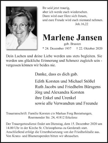 Traueranzeigen Von Marlene Jansen Trauer Und Gedenken