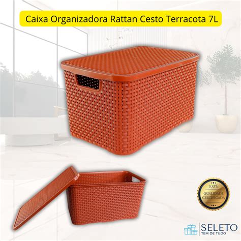 Caixa Cesto Organizadora Multiuso Decorativo Rattan Terracota Tampa