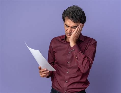 Free Photo Senior Man In Purple Shirt Holding Blank Page Looking At