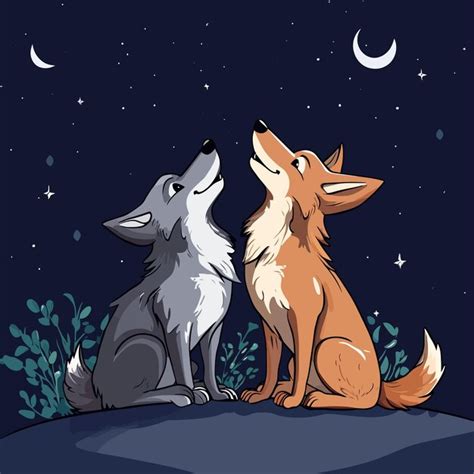 Cute Coyote and Wolf Howl Together at Night Cartoon Vector | Premium AI ...