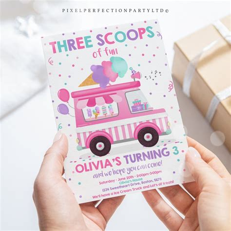 Editable Ice Cream Truck Three Scoops Of Fun 3rd Birthday Etsy