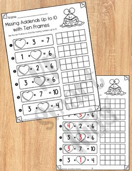 Valentines Day Missing Addends Up To 10 With Ten Frames Worksheets