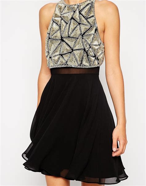 Lyst Asos All Over Embellished Crop Top Skater Dress In Black