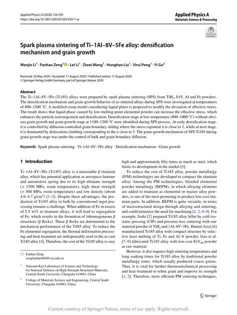 Spark Plasma Sintering Of Ti1Al8V5Fe Alloy Densification Mechanism