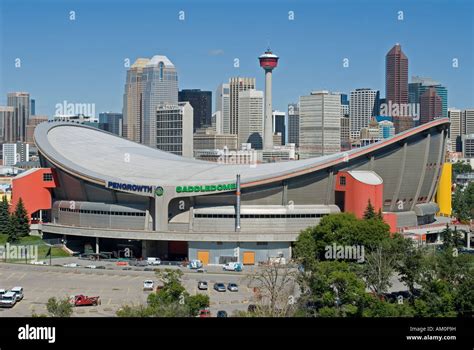 Saddledome stadium, Downtown Calgary and Calgary Tower, Alberta, Canada ...