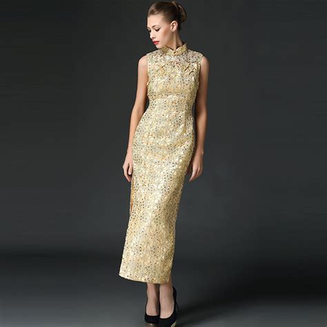 Superb Beaded Lace Sleeveless Long Cheongsam Qipao Dress Qipao