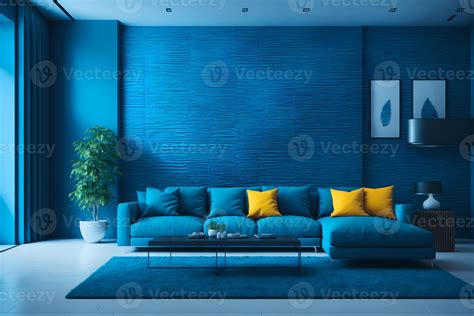 3d Rendering Image Of Modern Living Room Interior Design And Blue Wall Texture Background Ai