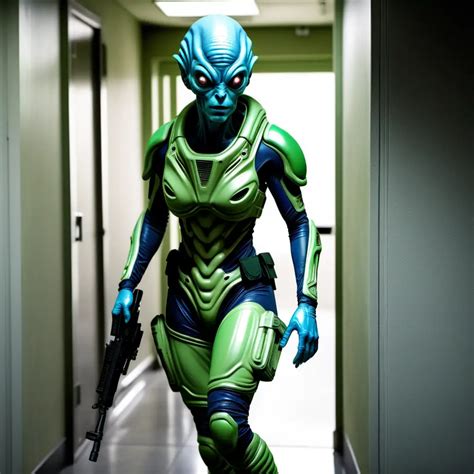 Female Alien Soldier In Green Combat Gear Exiting Room Muse Ai