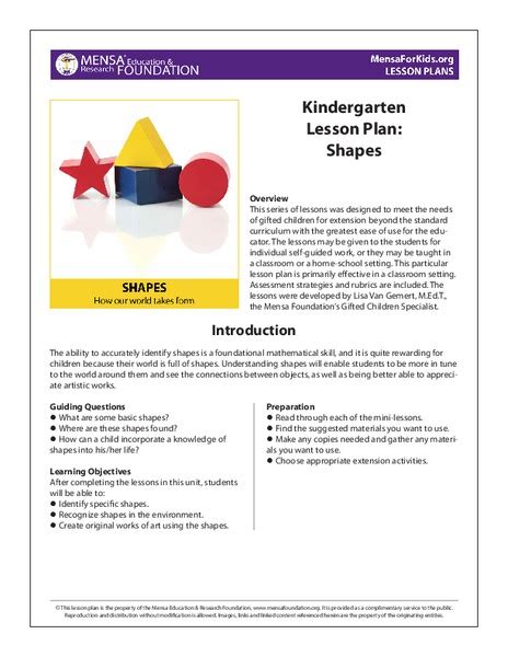 Shapes Kindergarten Unit Plan For Kindergarten 2nd Grade Lesson