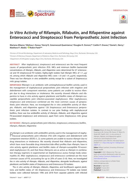 PDF In Vitro Activity Of Rifampin Rifabutin And Rifapentine Against