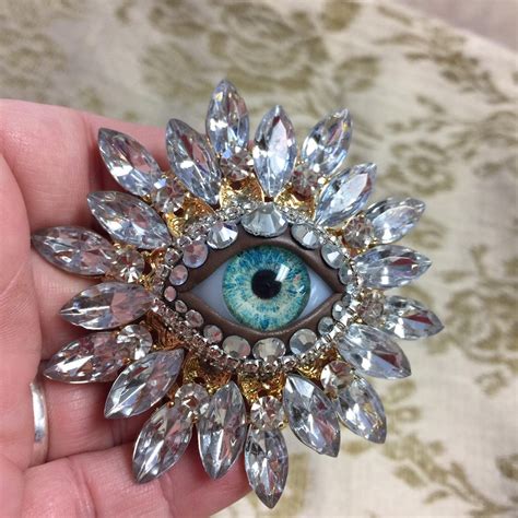 Crystal Vintage Sunburst Style Eyeball Art Brooch By Jen Burns With A Handmade Green Glass Iris