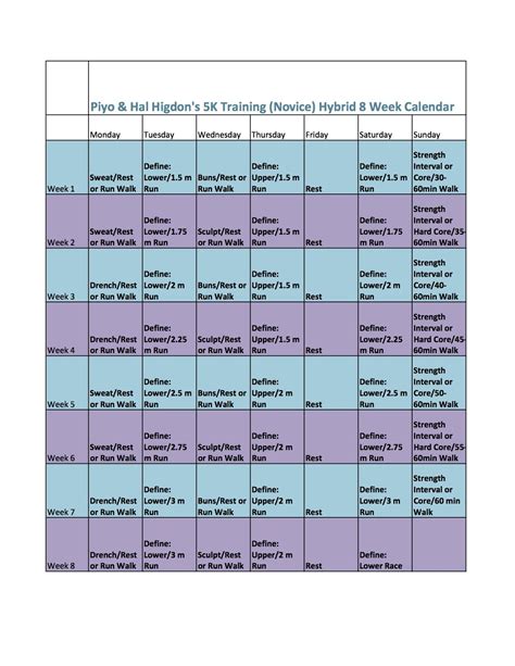 Piyo Hal Higdon 5k Training Novice Hybrid Calendar Trishalynnwhiteside