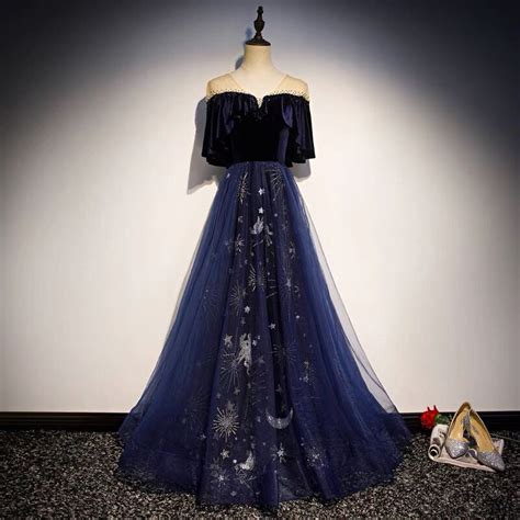 Blue Tulle With Velvet Long Party Dress A Line Off Shoulder Formal Drr Beautydressy