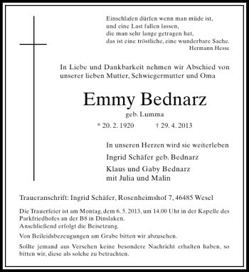 Alle Traueranzeigen F R Emmy Bednarz Trauer Rp Online De