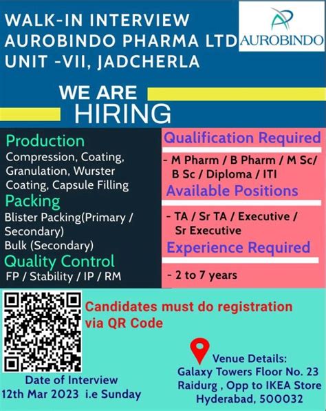 Aurobindo Pharma Walk In Interviews For Production Packing