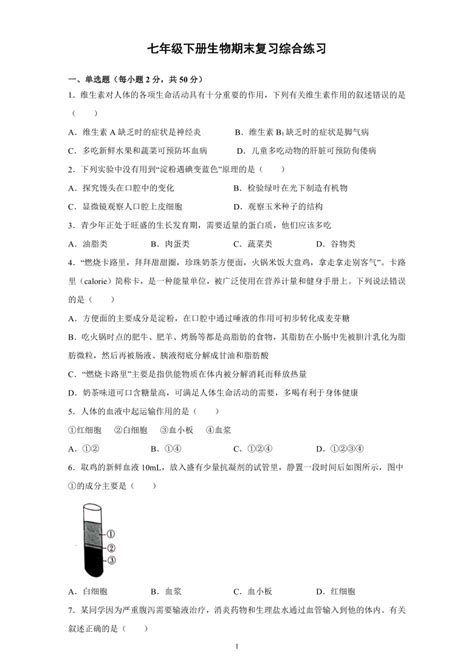 2020 2021学年人教版生物七年级下册期末复习综合练习（word版 含答案） 21世纪教育网