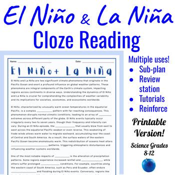 El Ni O And La Ni A Cloze Reading Passage Coloring Geology Literacy