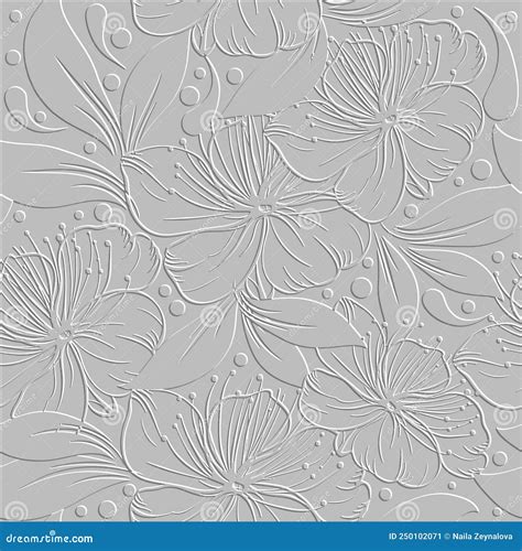 3d Embossed Blossom Sakura Lines Seamless Pattern Textured Beautiful Flowers White Relief