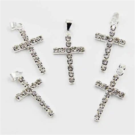 Pcs Mm Silver Plated Clear Rhinestone Cross Pendant Diy Alloy