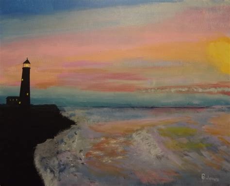 Lighthouse At Sunset 20 X 16 Acrylics On Canvas Panel Painting Art