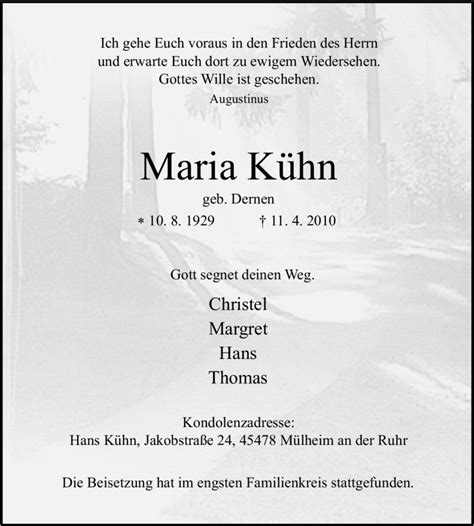 Trauer und Todesanzeigen von Maria Kühn Trauer de