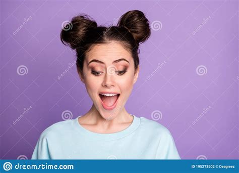 Portrait Of Astonished Positive Cheerful Girl Youth Look Down See