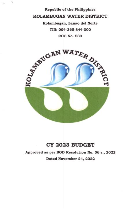 Approved Budget And Corresponding Targets Cy 2023 Kolambugan Water