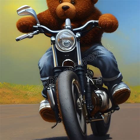 Teddy Bear On A Motorcycle Drawing Printable Poster Digital Artwork