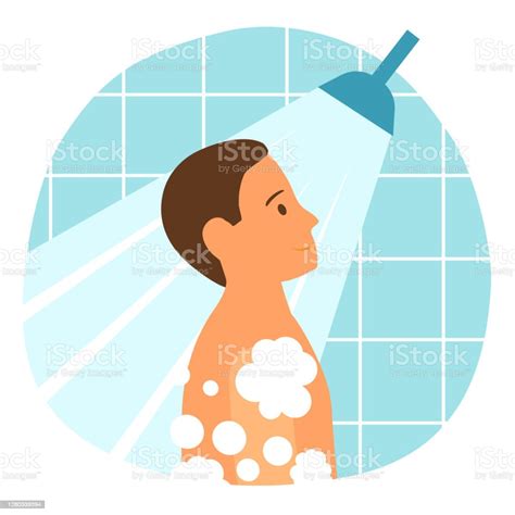 Man Taking Shower And Washing Hair In Bathroom Concept Vector