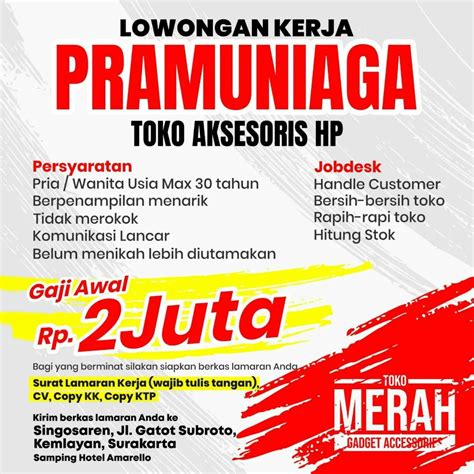 Lowongan Kerja Mei Pramuniaga Toko Merah Gadget Accesoris Di Solo