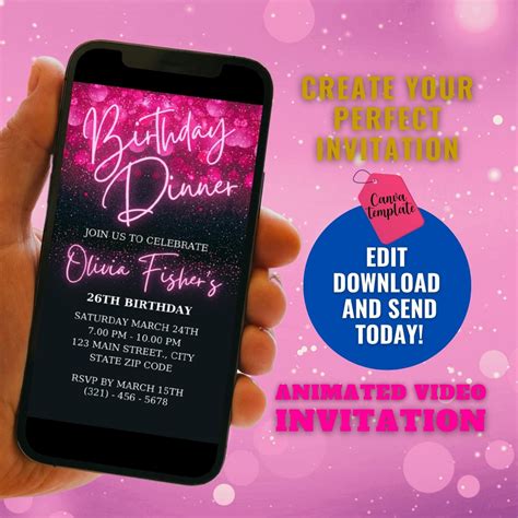 Pink Glitter Birthday Dinner Invitation Digital Birthday Etsy