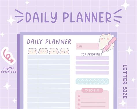 Purple Daily Planner Printable Daily Planner Kawaii Cat Daily Planner