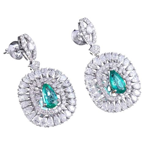 Pear Natural Emerald Gemstone Dangle Earrings Pear Diamond 18 Karat White Gold For Sale At 1stdibs