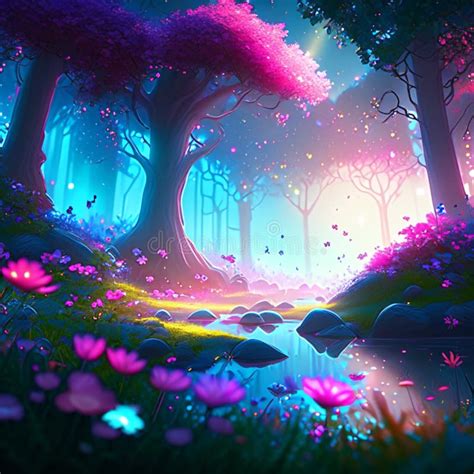 Fantasy Landscape With Magic Forest And Lake D Render Illustration